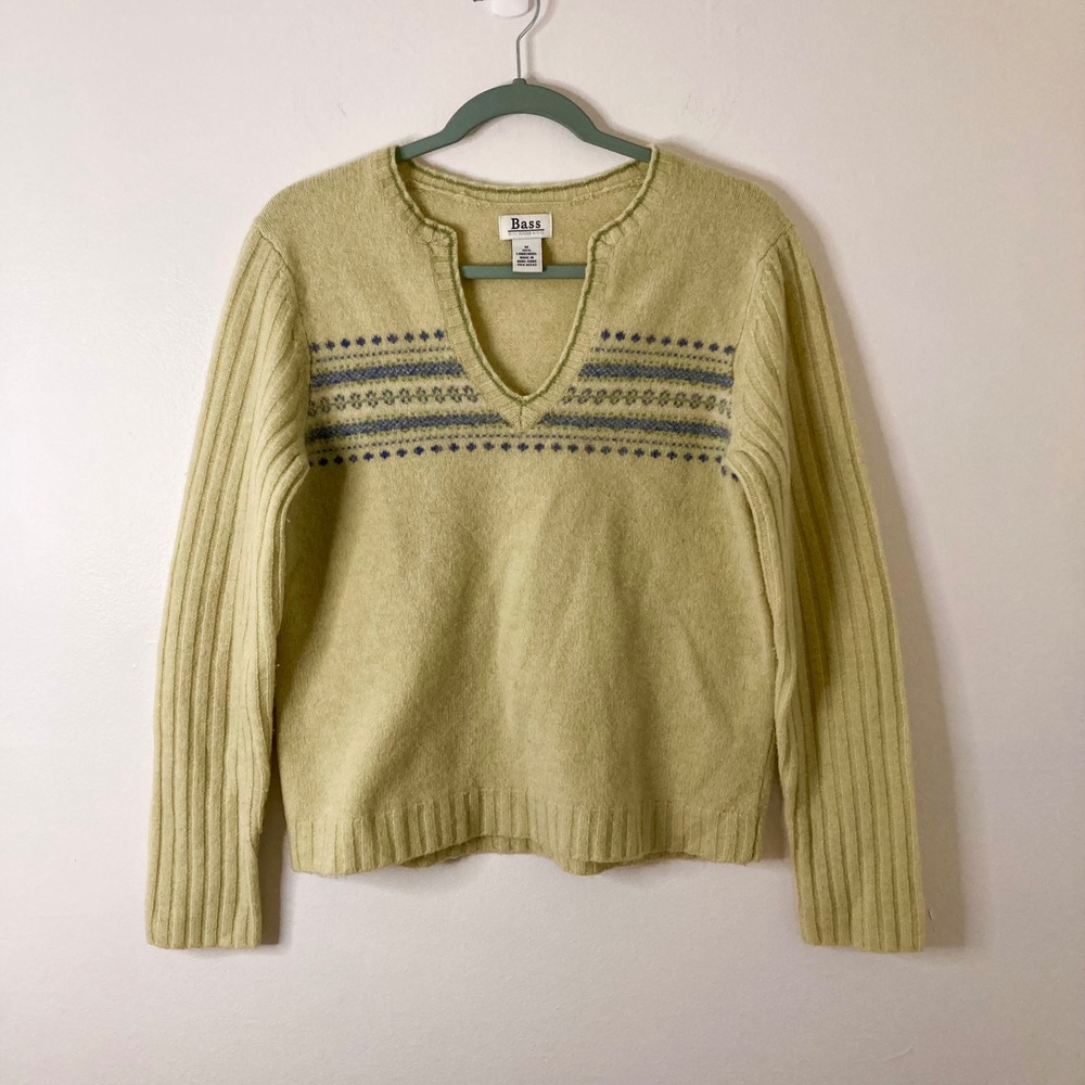 Lambswool Fair Isle Sweater GH Bass Yellow Notched V-Neck M Cottagecore Preppy